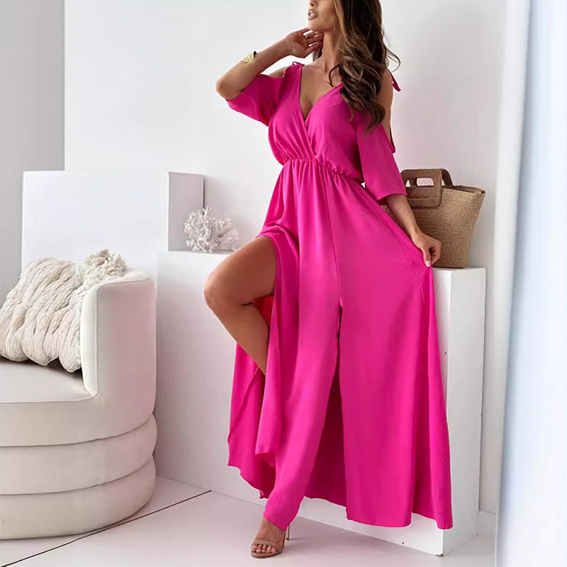 Deep V-Neck Cold Shoulder High Slit A-Line Maxi Dress