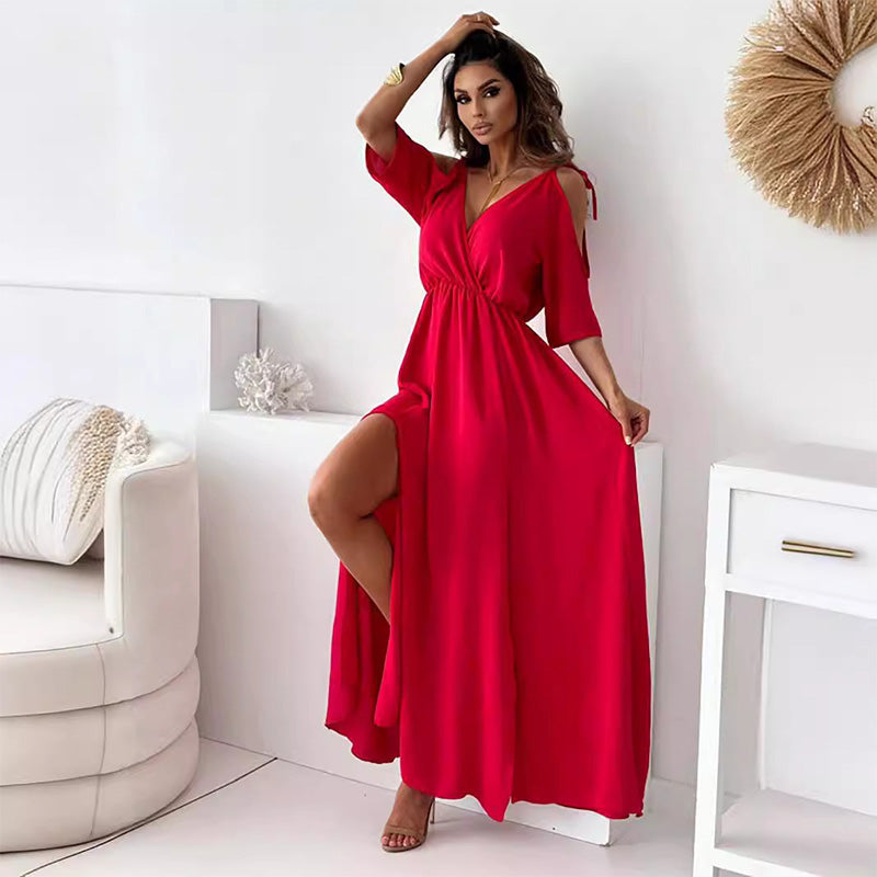 Deep V-Neck Cold Shoulder High Slit A-Line Maxi Dress