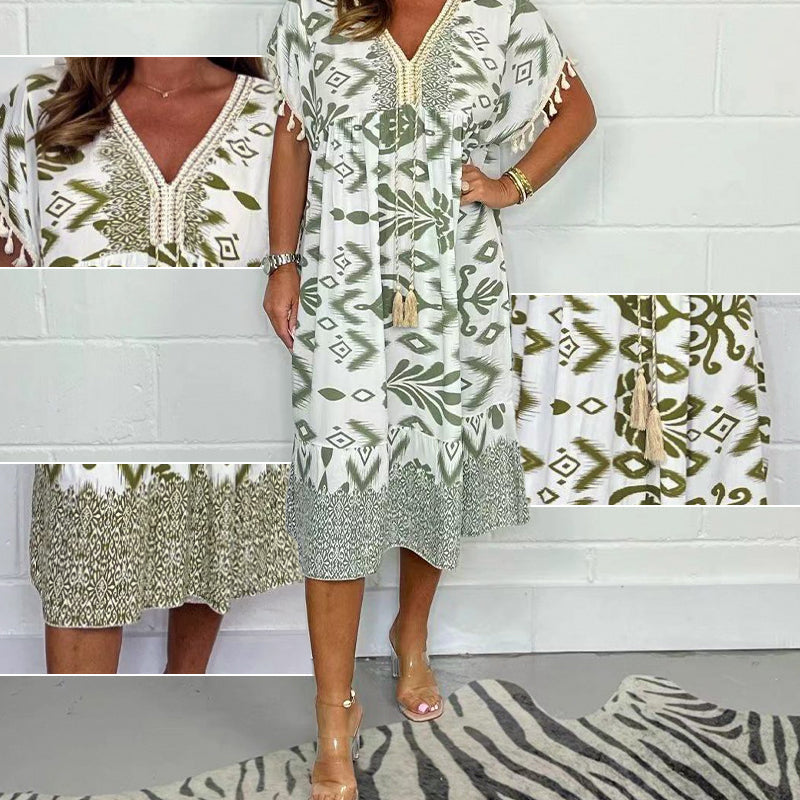 Tassel V-Neck Boho Print Lace Trim Short Sleeve A-Line Midi Dress