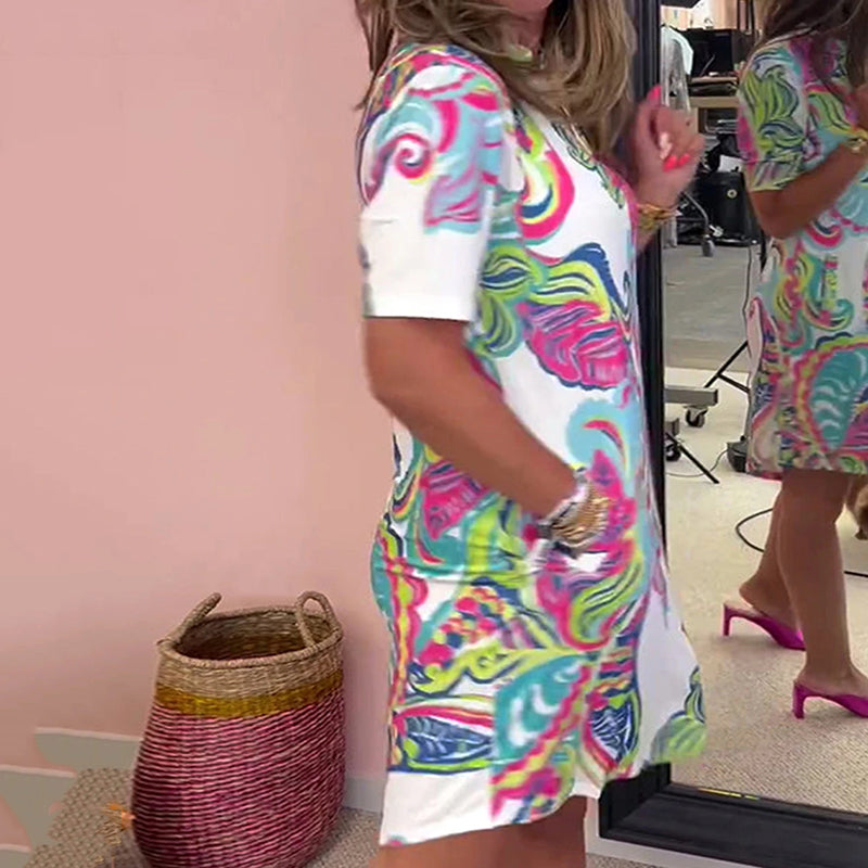 Split Neck Short Sleeve Paisley Print Shift Mini Dress