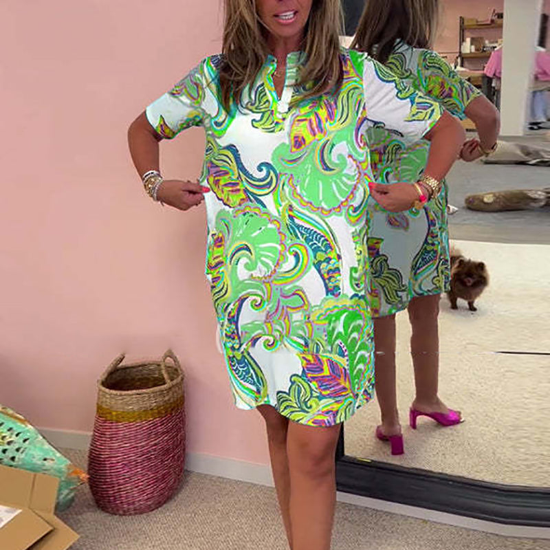 Split Neck Short Sleeve Paisley Print Shift Mini Dress