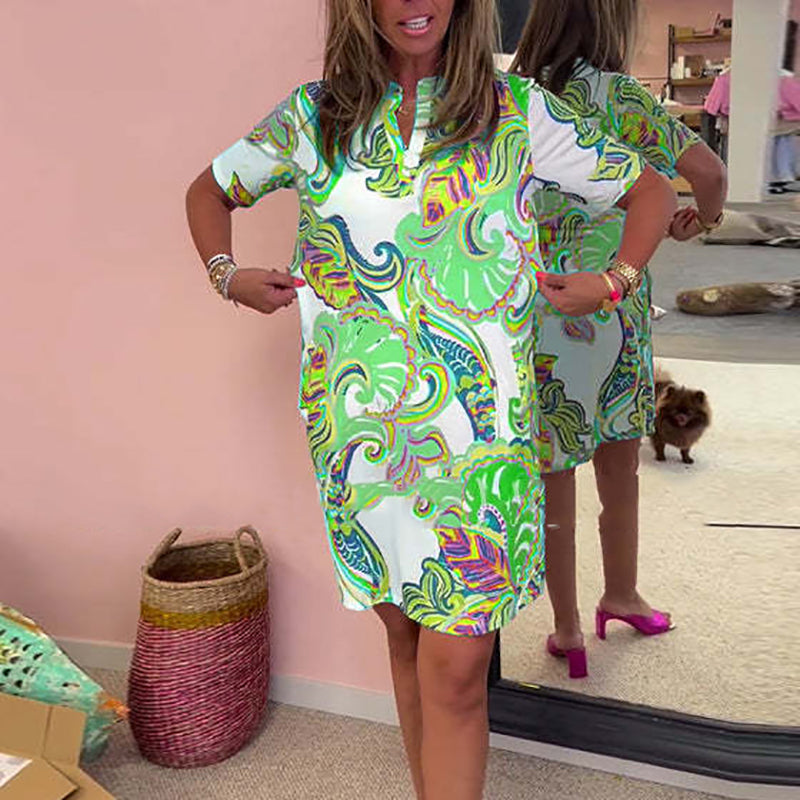 Split Neck Short Sleeve Paisley Print Shift Mini Dress