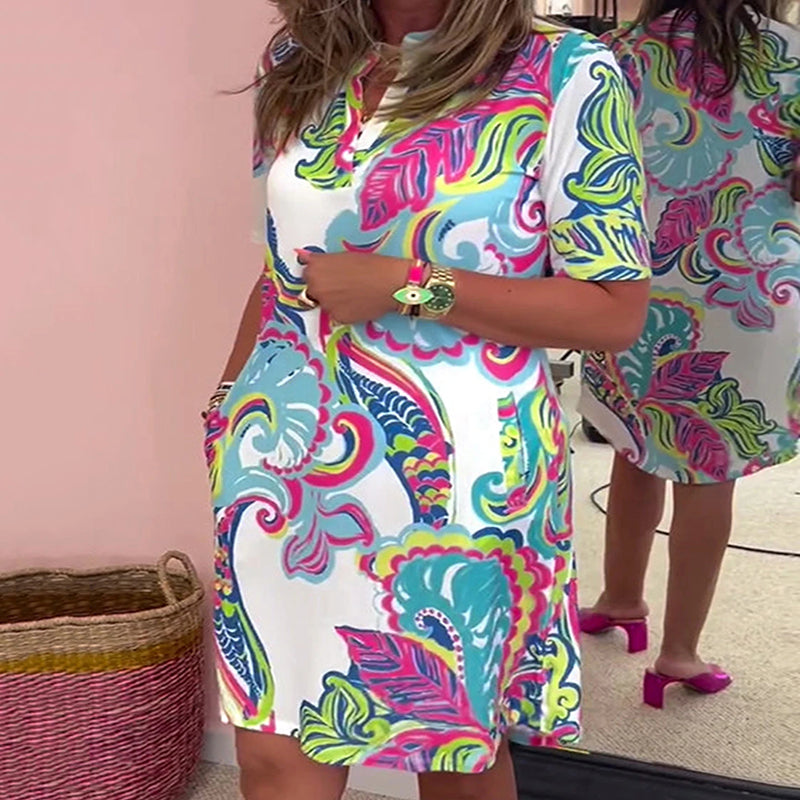 Split Neck Short Sleeve Paisley Print Shift Mini Dress