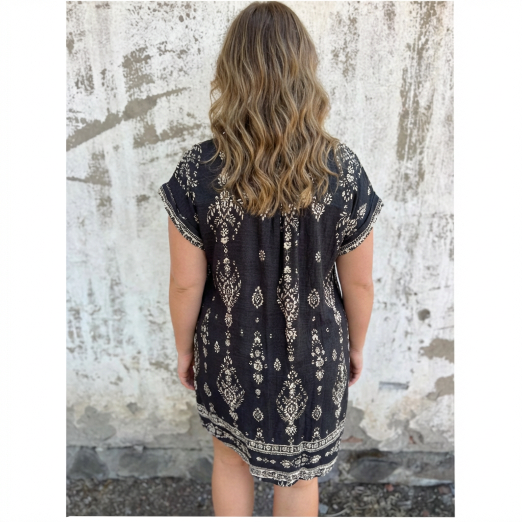Collared Short Sleeve Baroque Border Print Shift Mini Dress