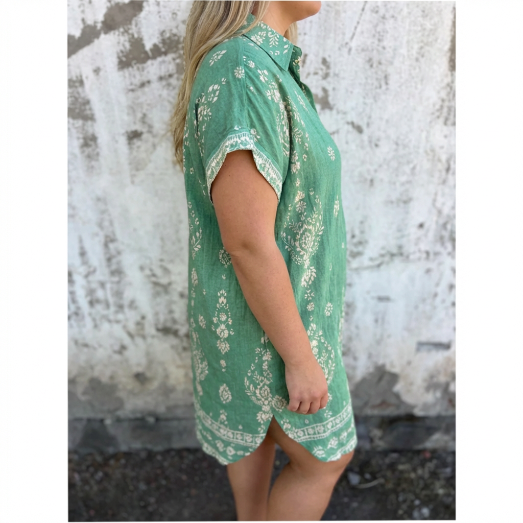 Collared Short Sleeve Baroque Border Print Shift Mini Dress