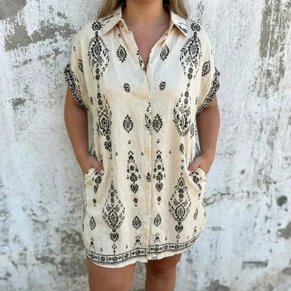 Collared Short Sleeve Baroque Border Print Shift Mini Dress