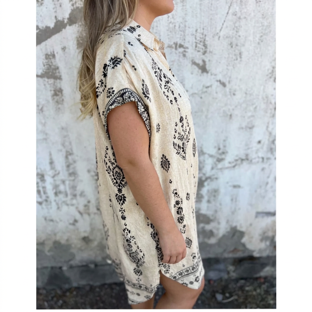 Collared Short Sleeve Baroque Border Print Shift Mini Dress