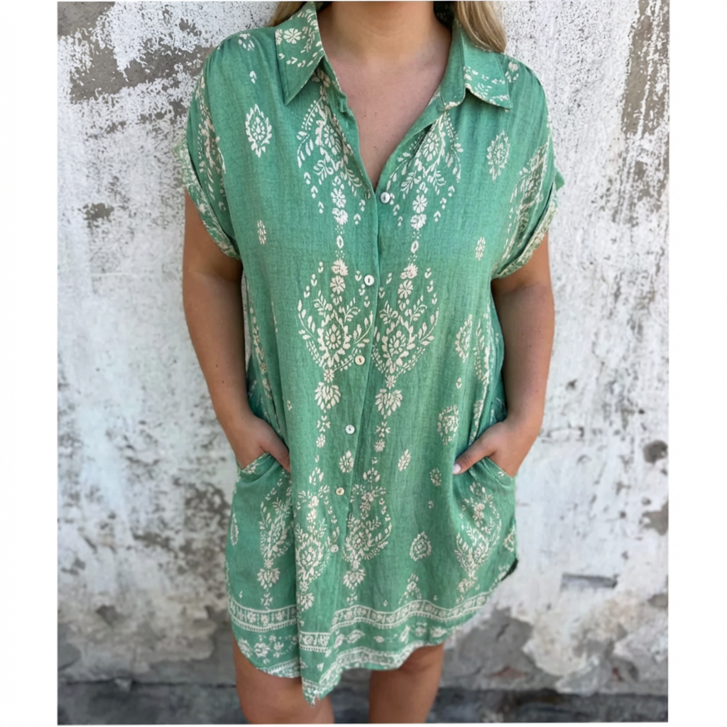 Collared Short Sleeve Baroque Border Print Shift Mini Dress