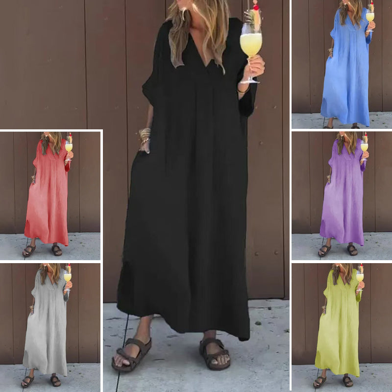 V-Neck Linen Short Sleeve Loose Oversized Maxi Dress