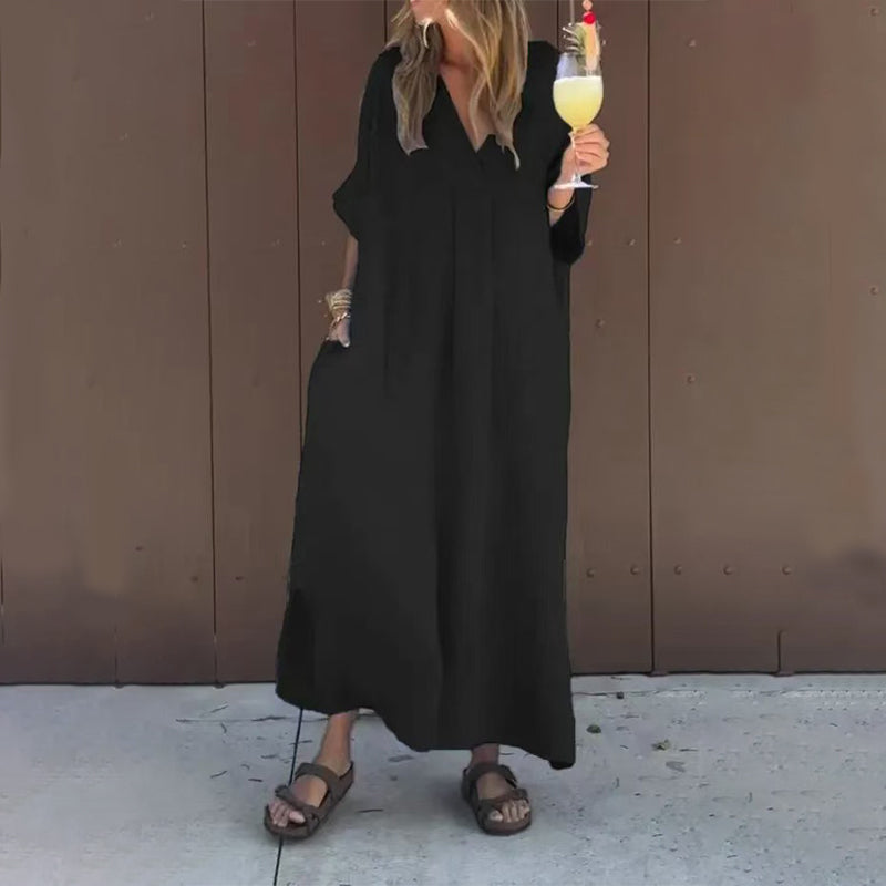 V-Neck Linen Short Sleeve Loose Oversized Maxi Dress