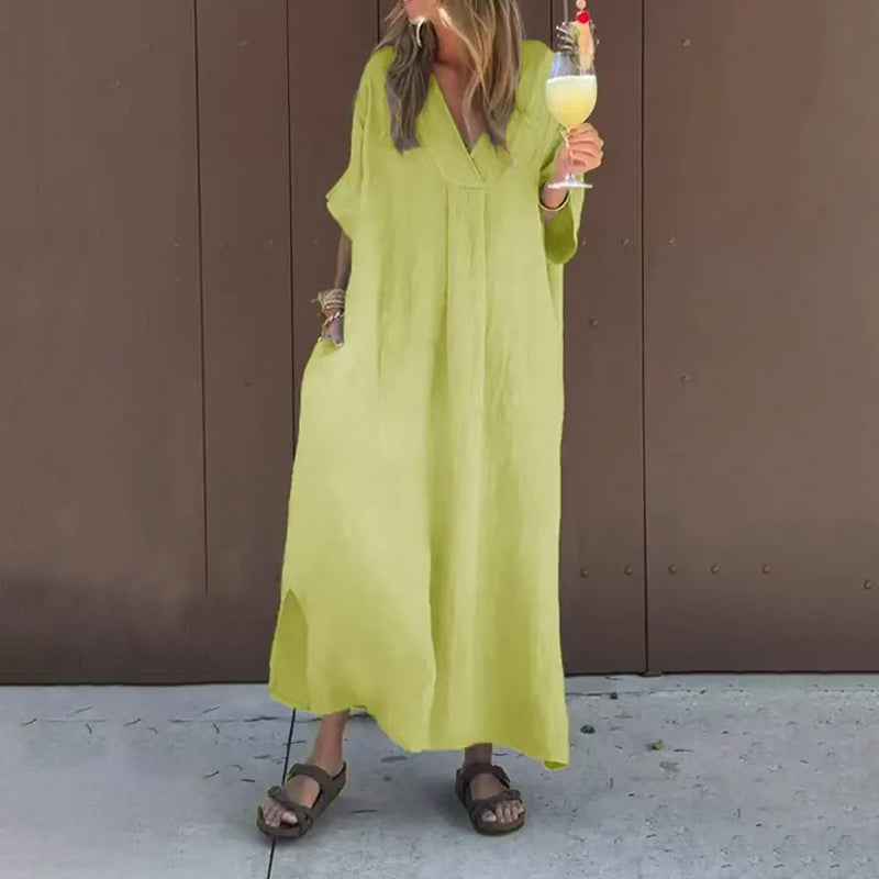 V-Neck Linen Short Sleeve Loose Oversized Maxi Dress