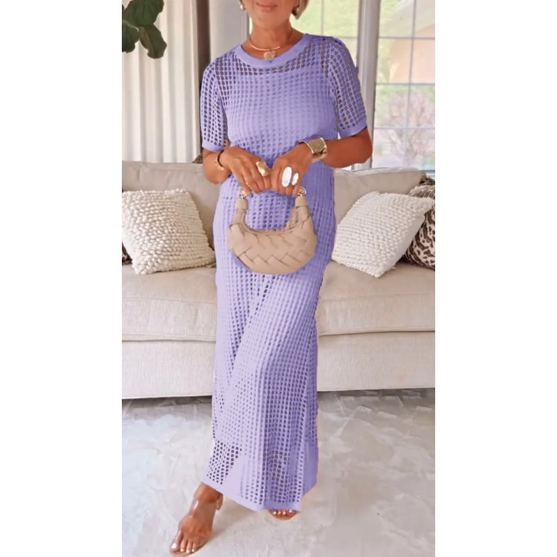 Round Neck Crochet Knit Short Sleeve Column Maxi Dress