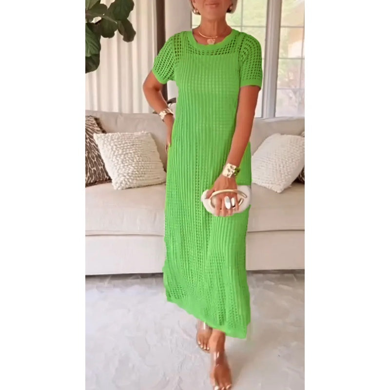 Round Neck Crochet Knit Short Sleeve Column Maxi Dress