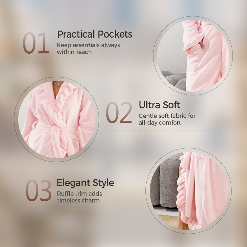 Fleece Dressing Gown �Warm Winter Bathrobe with Long Sleeves, French Vintage Style, Fluffy Housecoat for Home