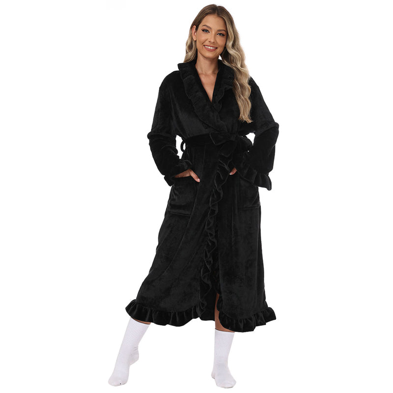 Fleece Dressing Gown �Warm Winter Bathrobe with Long Sleeves, French Vintage Style, Fluffy Housecoat for Home