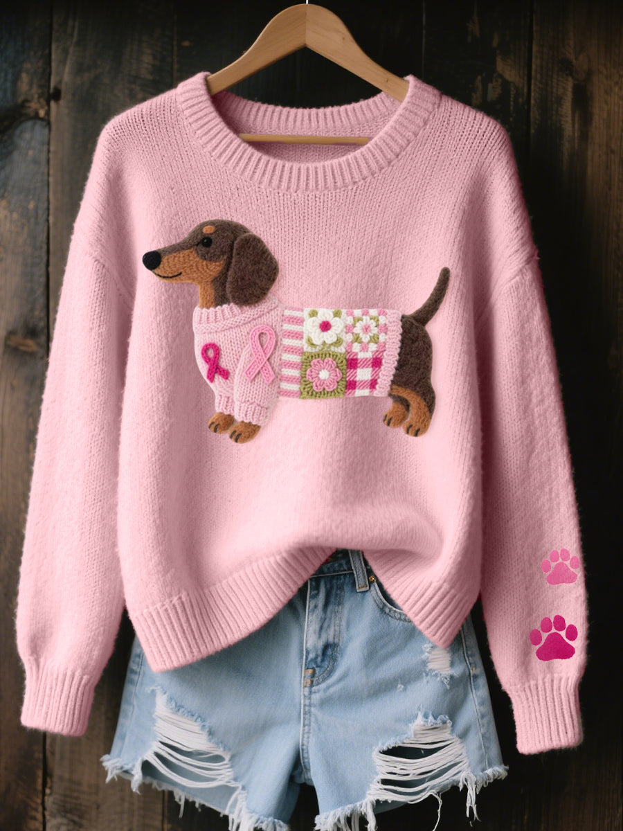Crew Neck Dachshund Applique Paw Print Knit Sweater