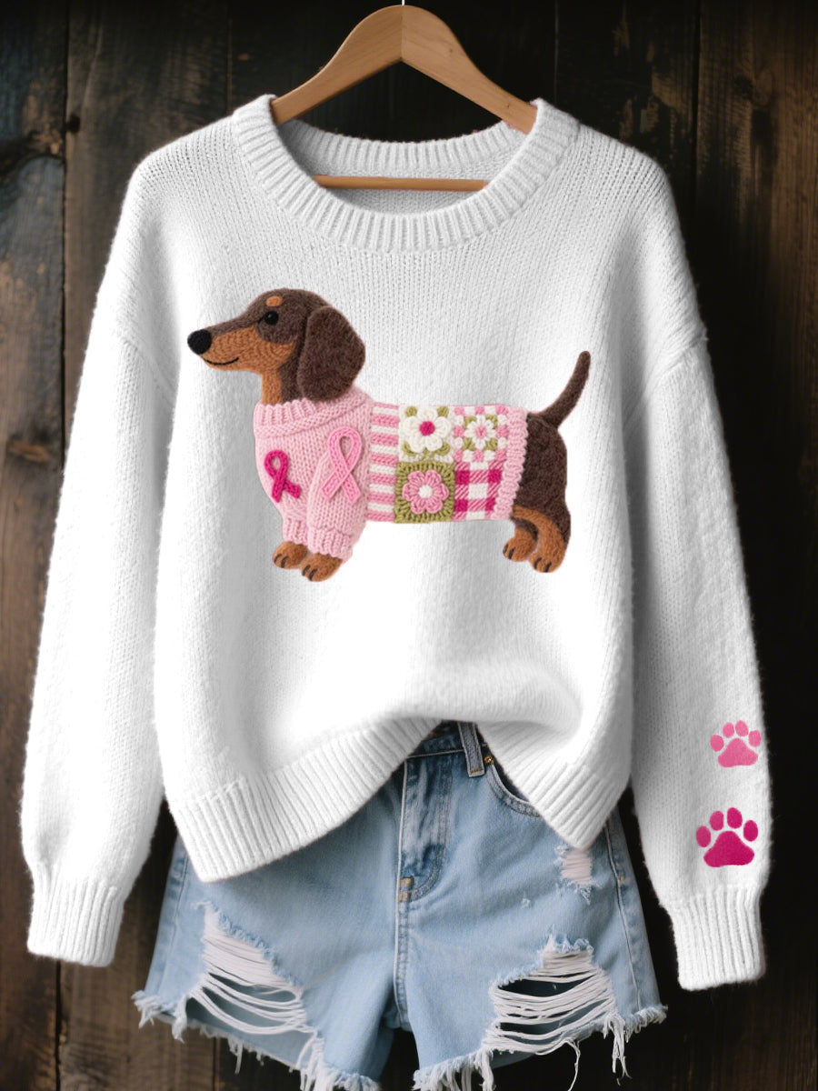 Crew Neck Dachshund Applique Paw Print Knit Sweater 3