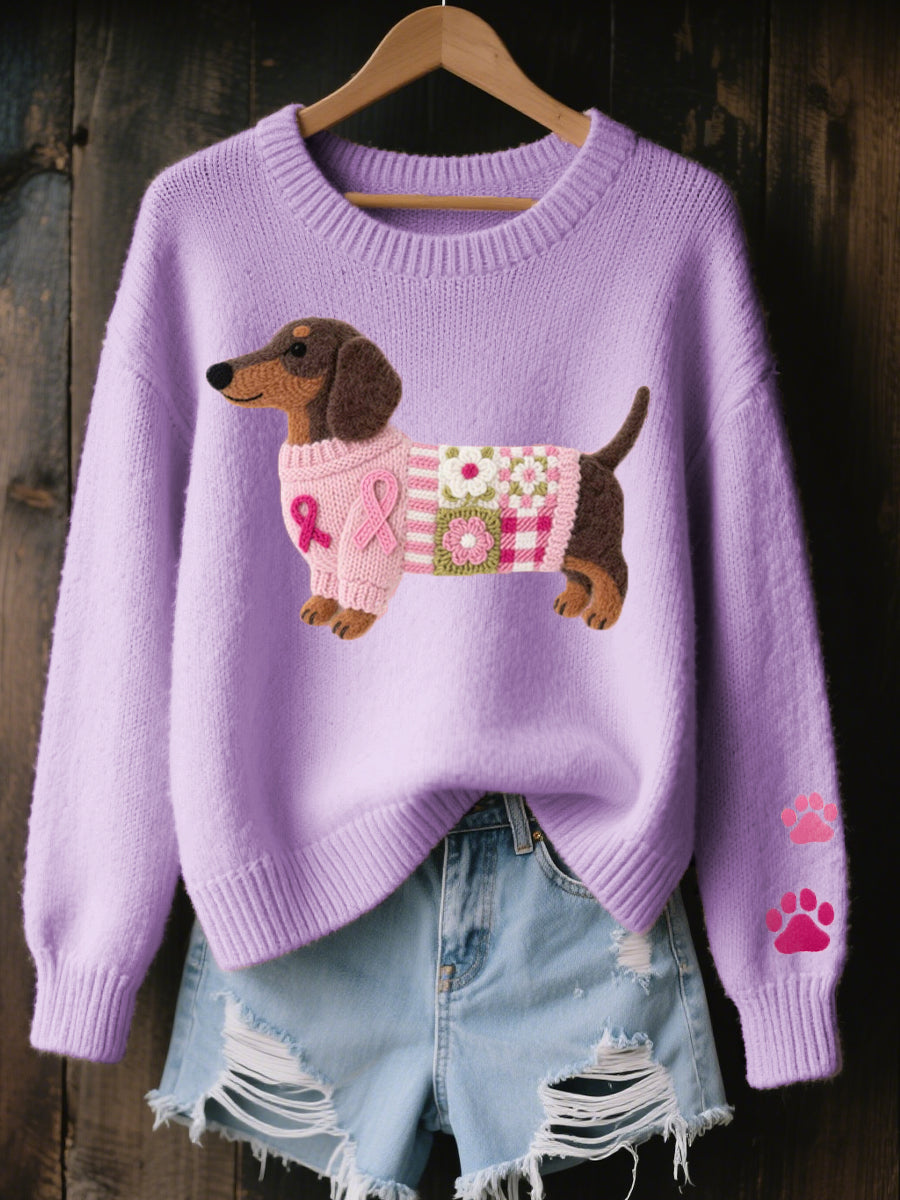 Crew Neck Dachshund Applique Paw Print Knit Sweater 4