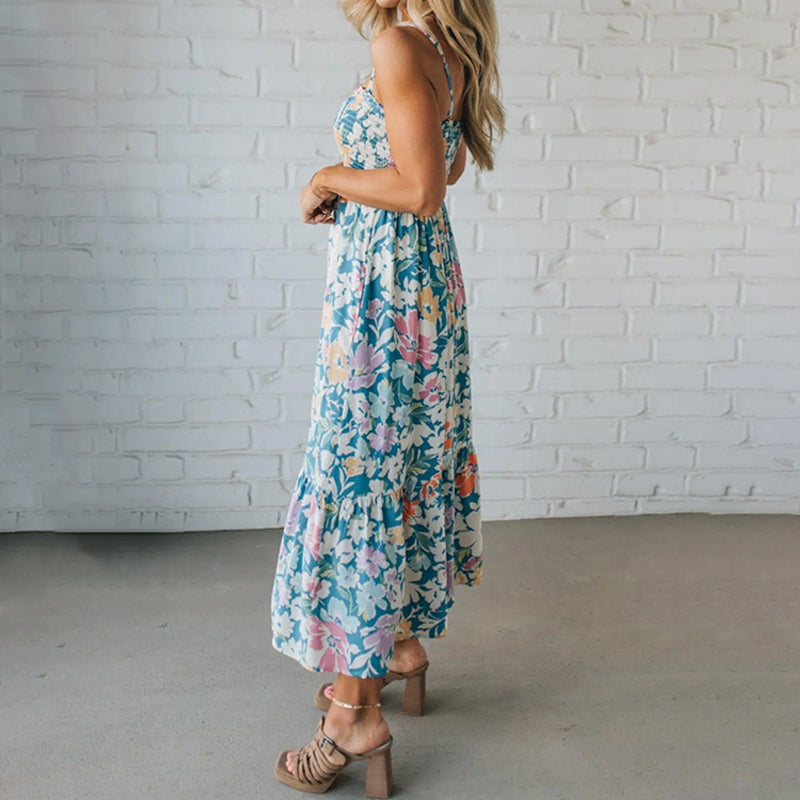Square Neck Strap Floral Smocked Bodice Tiered Maxi Dress