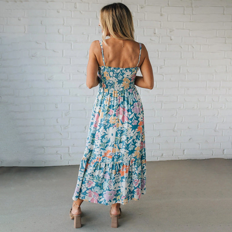 Square Neck Strap Floral Smocked Bodice Tiered Maxi Dress