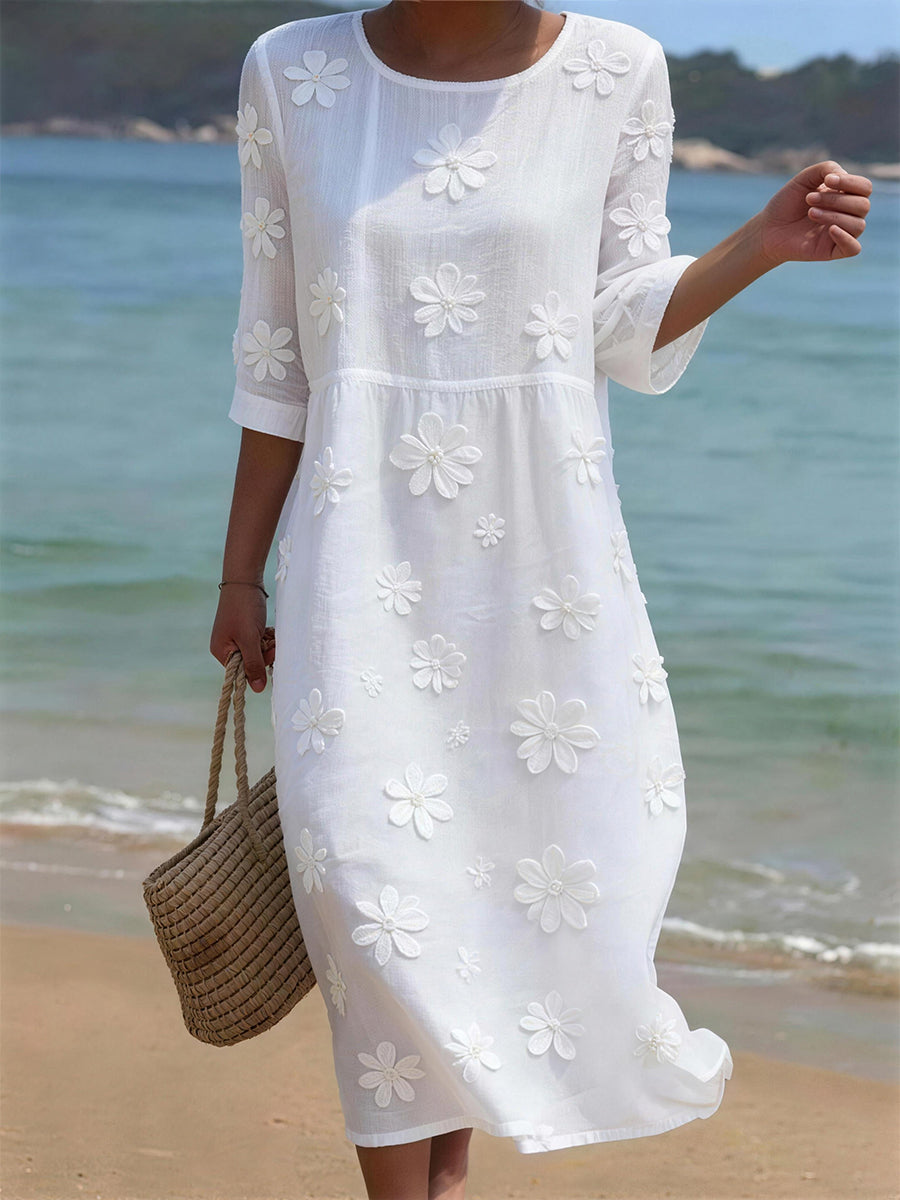 Round Neck Floral Applique Cotton-Linen Three-Quarter Sleeve A-Line Midi Dress