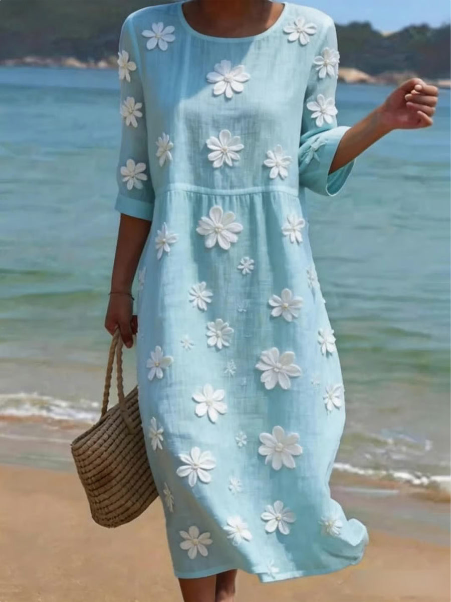 Round Neck Floral Applique Cotton-Linen Three-Quarter Sleeve A-Line Midi Dress 2