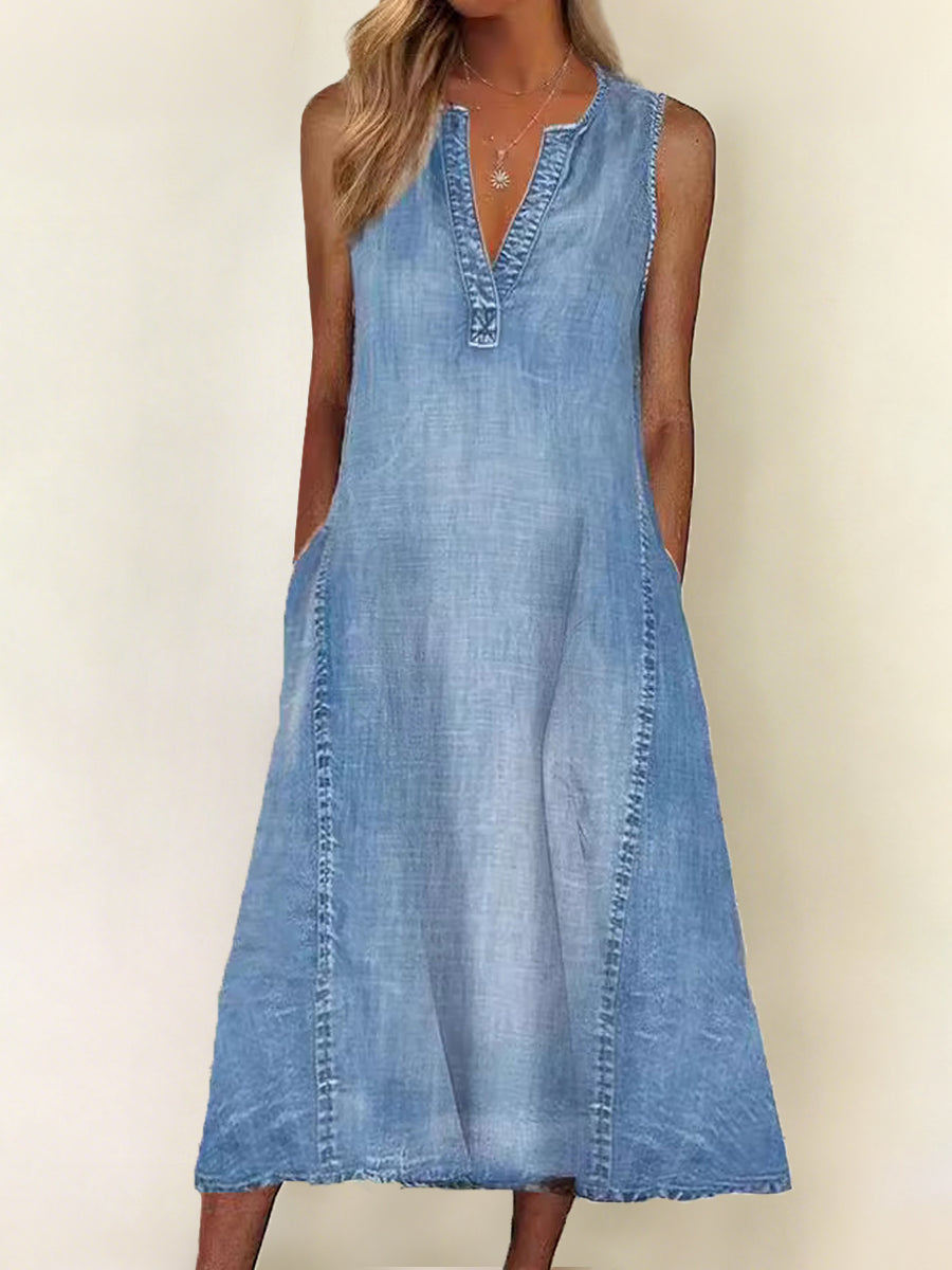 Blue Split V-Neck Sleeveless Denim A-Line Midi Dress