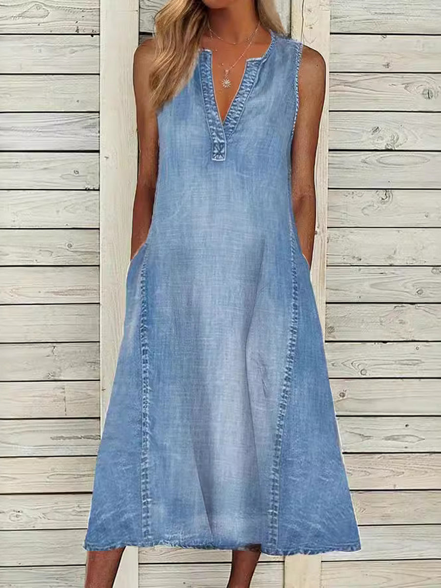 Blue Split V-Neck Sleeveless Denim A-Line Midi Dress 2