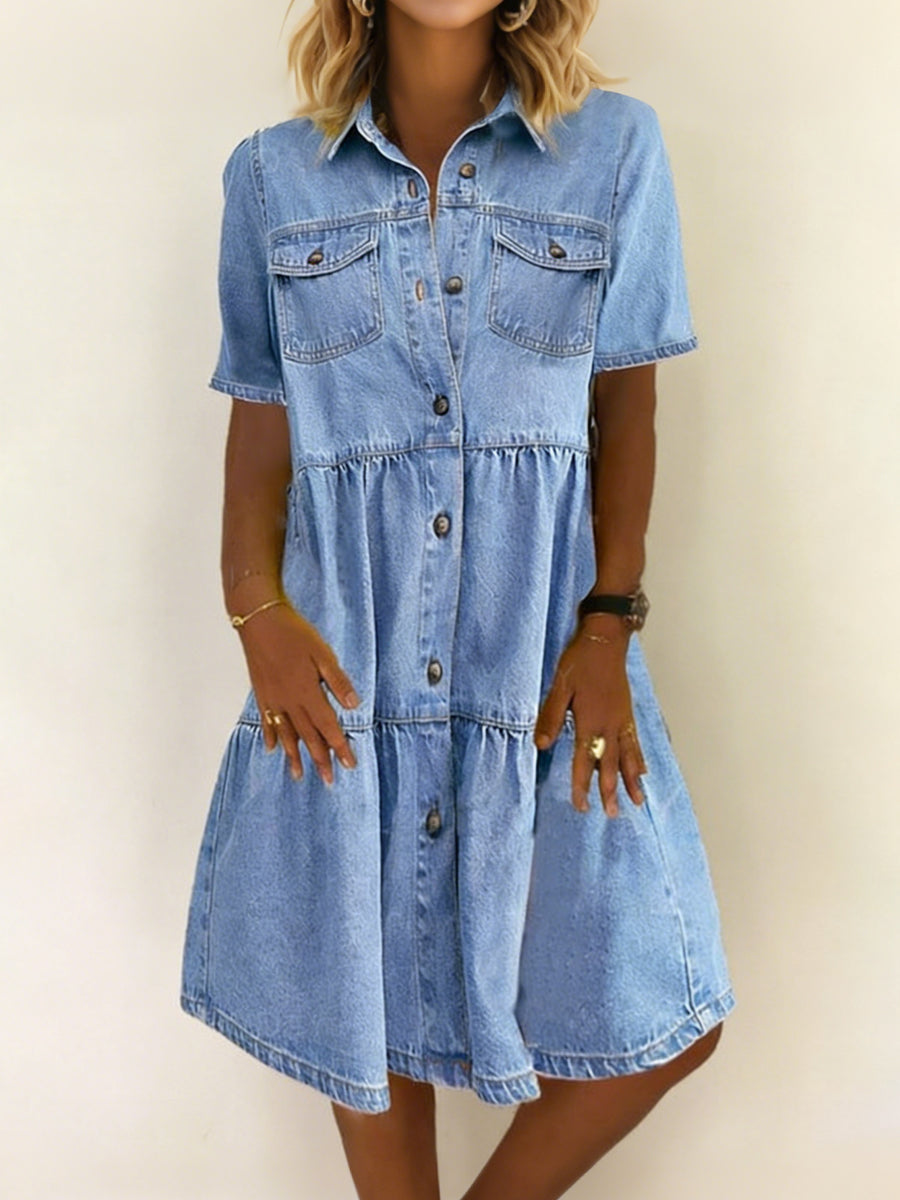 Light Blue Collared Button-Front Chest Pocket Tiered Denim Mini Dress