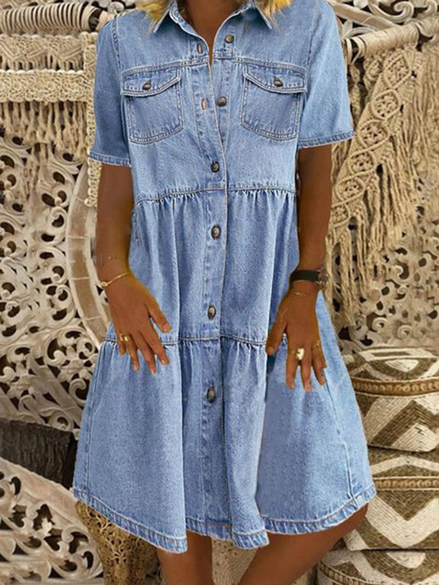 Light Blue Collared Button-Front Chest Pocket Tiered Denim Mini Dress 2