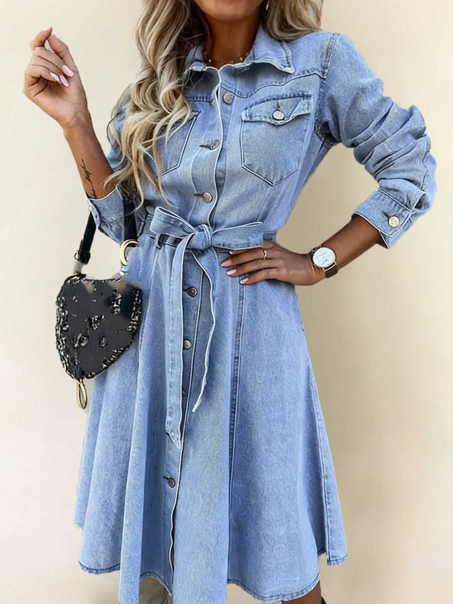 Light Blue Collared Button-Front Belted Denim A-Line Maxi Dress 3
