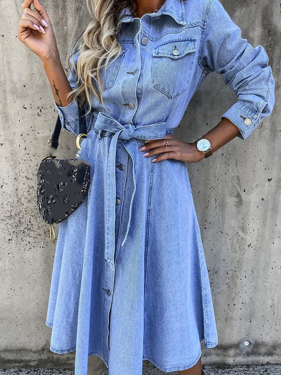 Light Blue Collared Button-Front Belted Denim A-Line Maxi Dress 4
