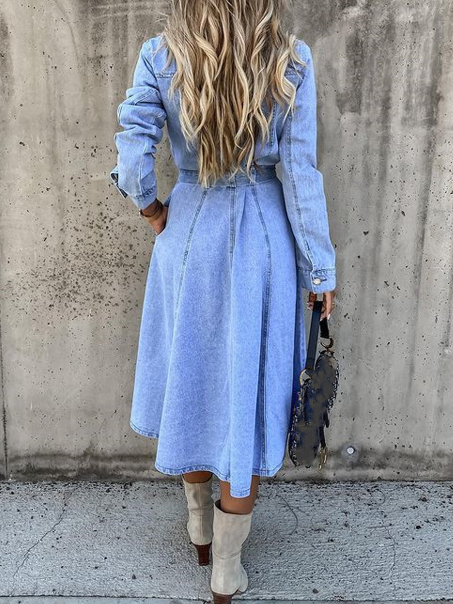 Light Blue Collared Button-Front Belted Denim A-Line Maxi Dress 6