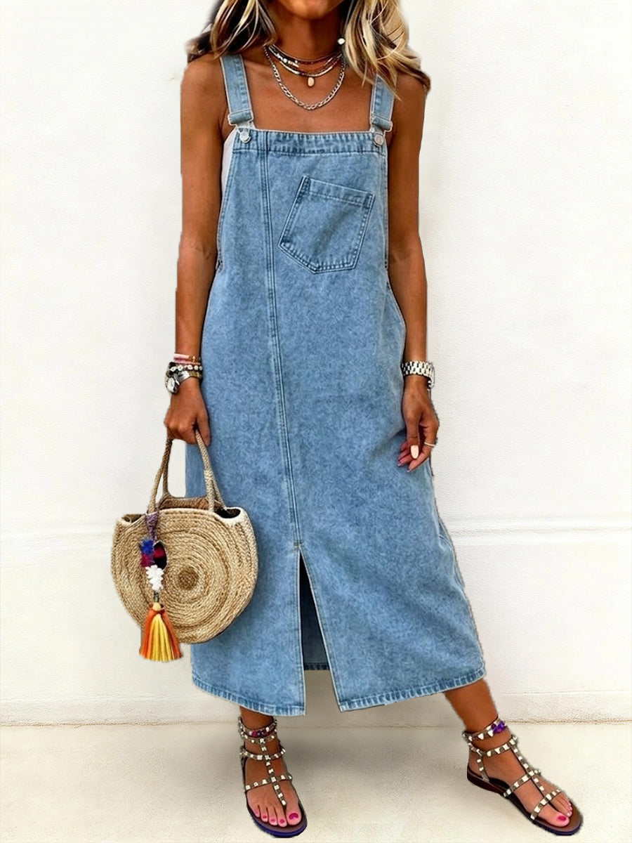 Light Blue Square Neck Bib Pocket Denim Overall Maxi Dress