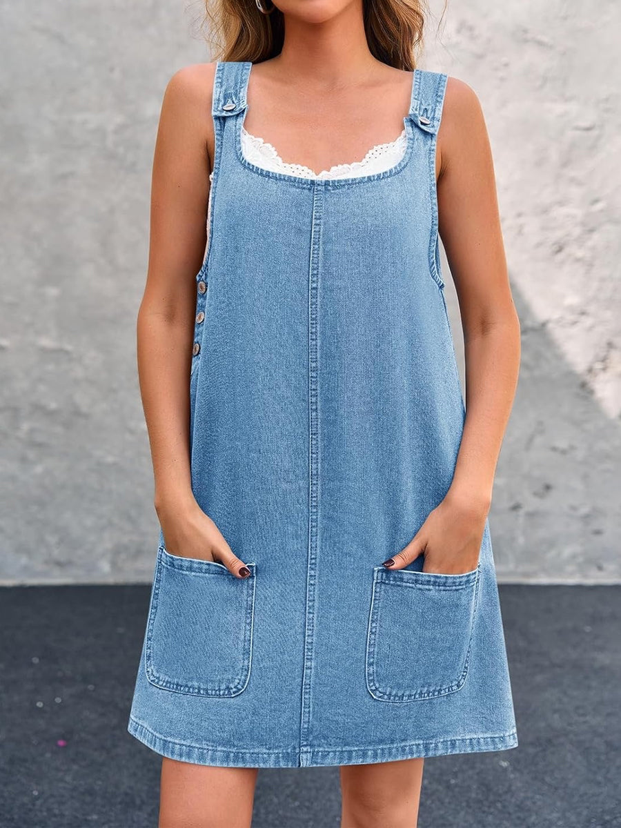 Square Neck Patch Pocket Denim Pinafore Mini Dress 3