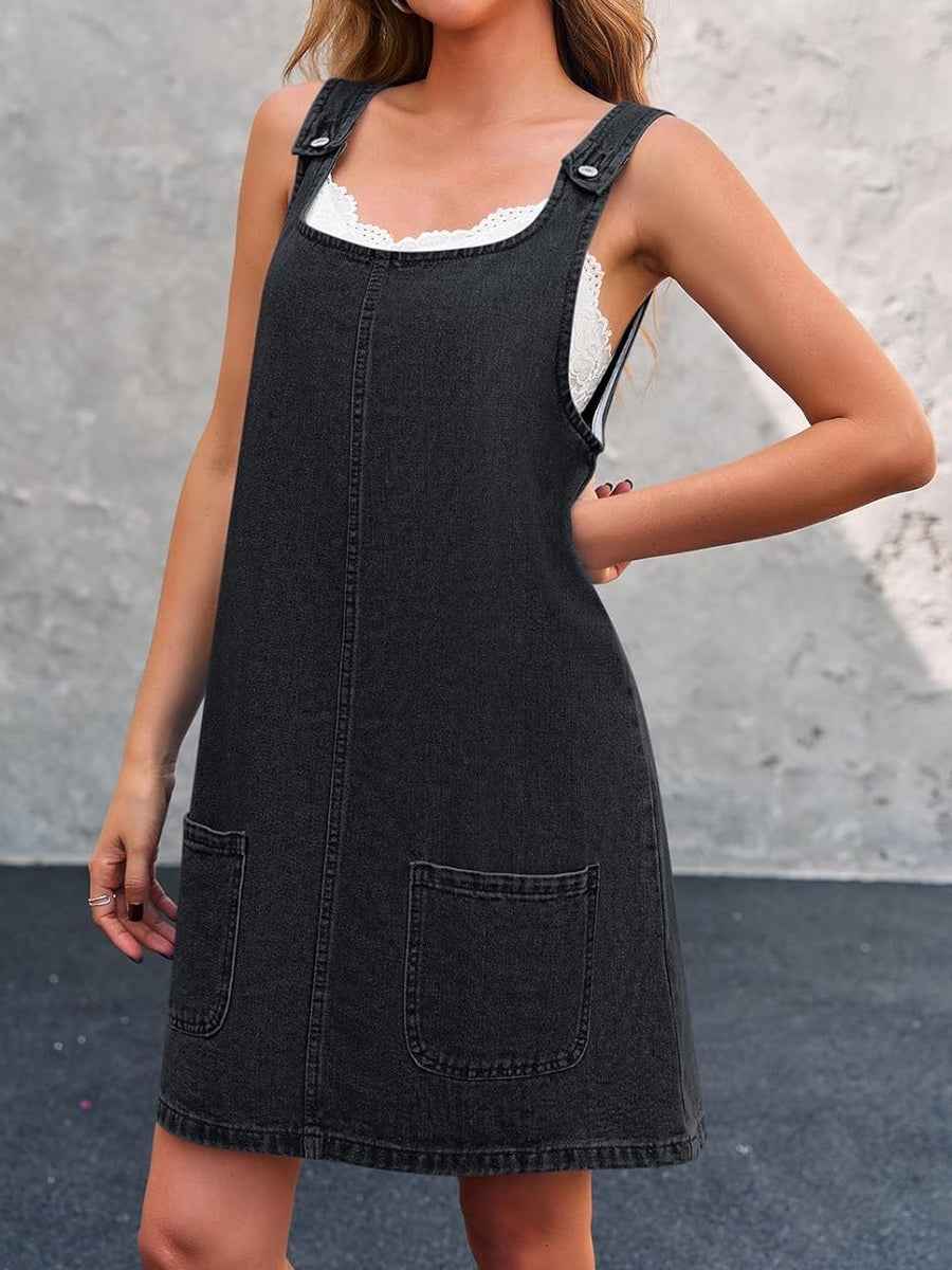 Square Neck Patch Pocket Denim Pinafore Mini Dress 7