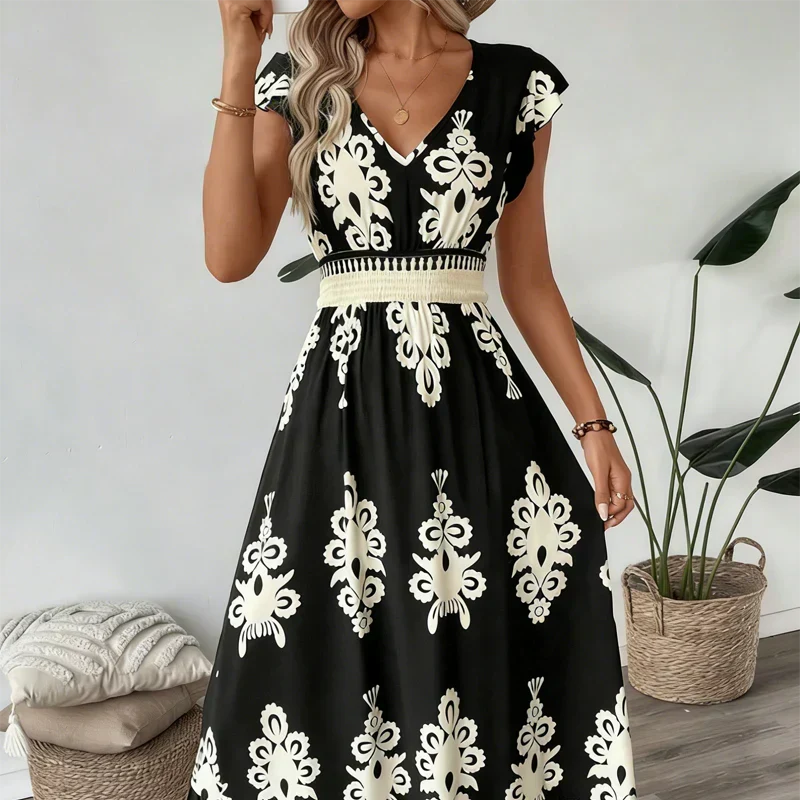 V-Neck Baroque Print Flutter Sleeve Smocked Waist Ruffle Maxi Dress 2