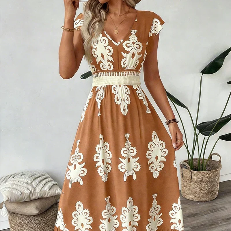 V-Neck Baroque Print Flutter Sleeve Smocked Waist Ruffle Maxi Dress 3