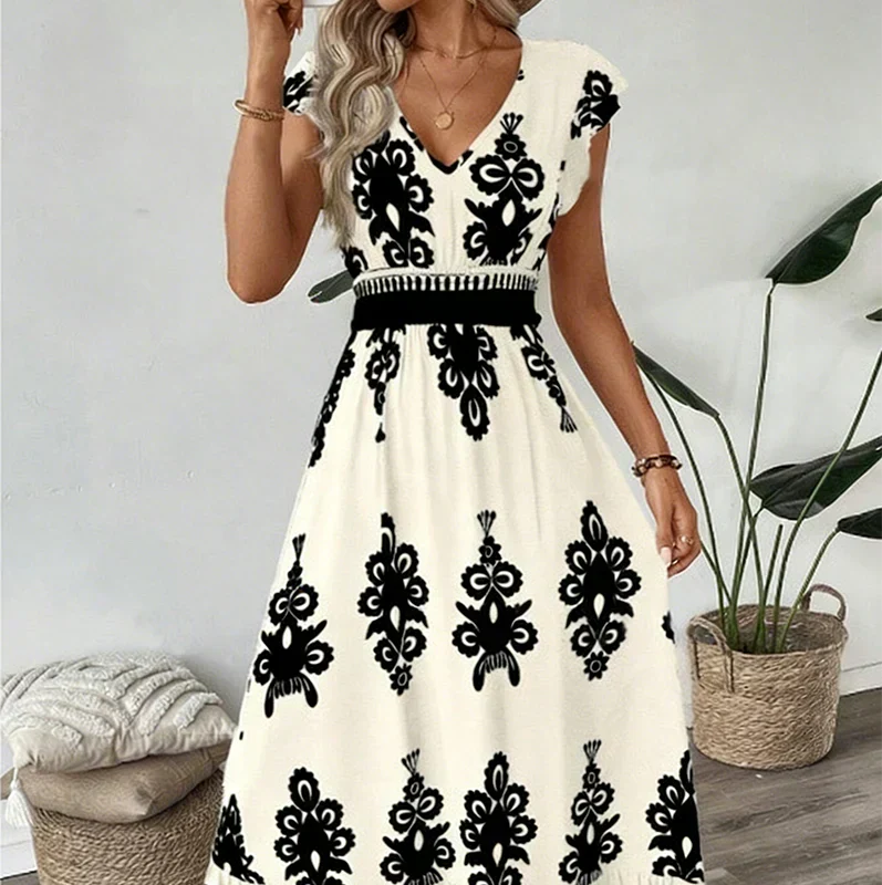 V-Neck Baroque Print Flutter Sleeve Smocked Waist Ruffle Maxi Dress 4