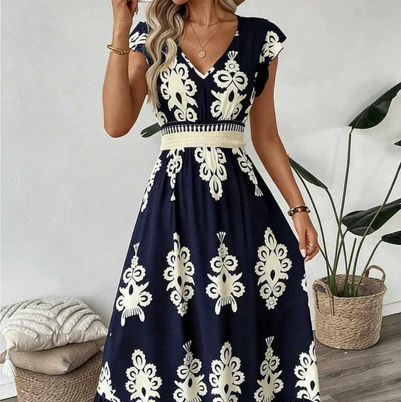 V-Neck Baroque Print Flutter Sleeve Smocked Waist Ruffle Maxi Dress 5