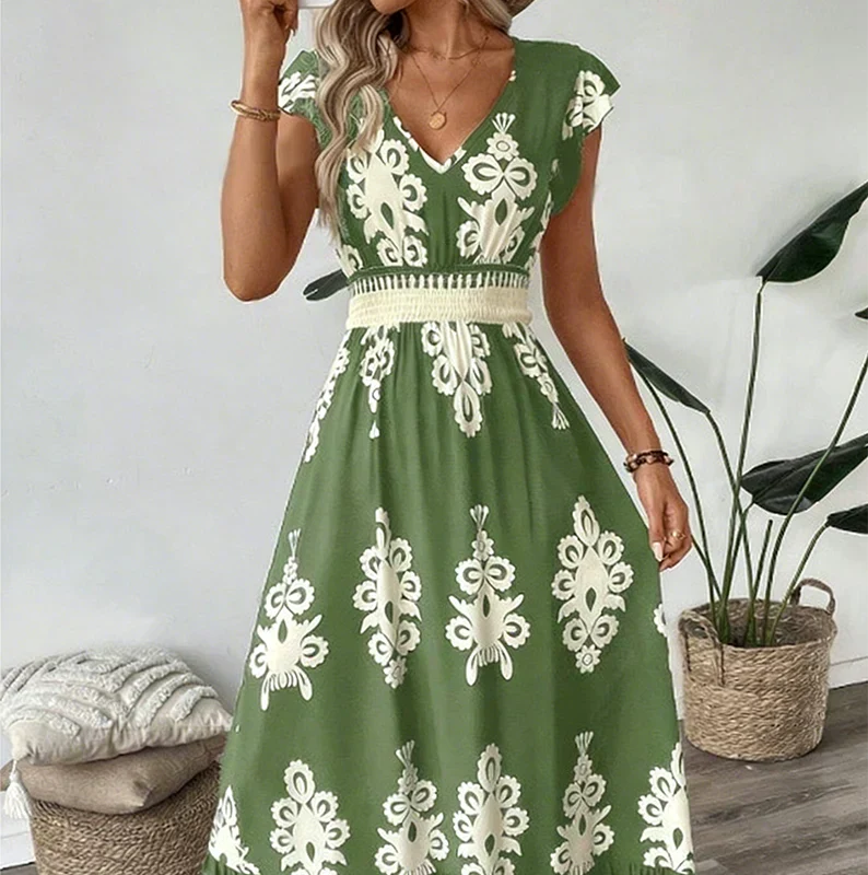 V-Neck Baroque Print Flutter Sleeve Smocked Waist Ruffle Maxi Dress 6