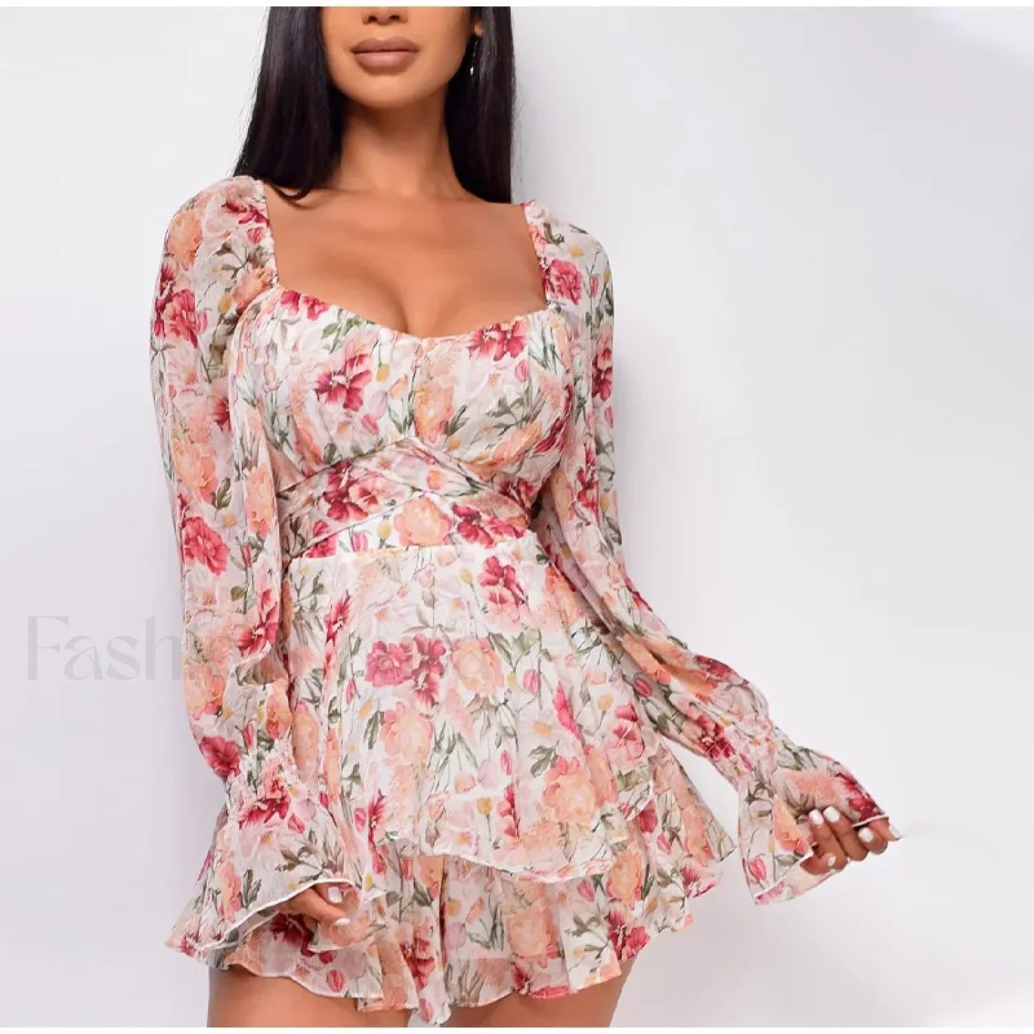 Square Neck Jumpsuit Floral Dress Pink / S