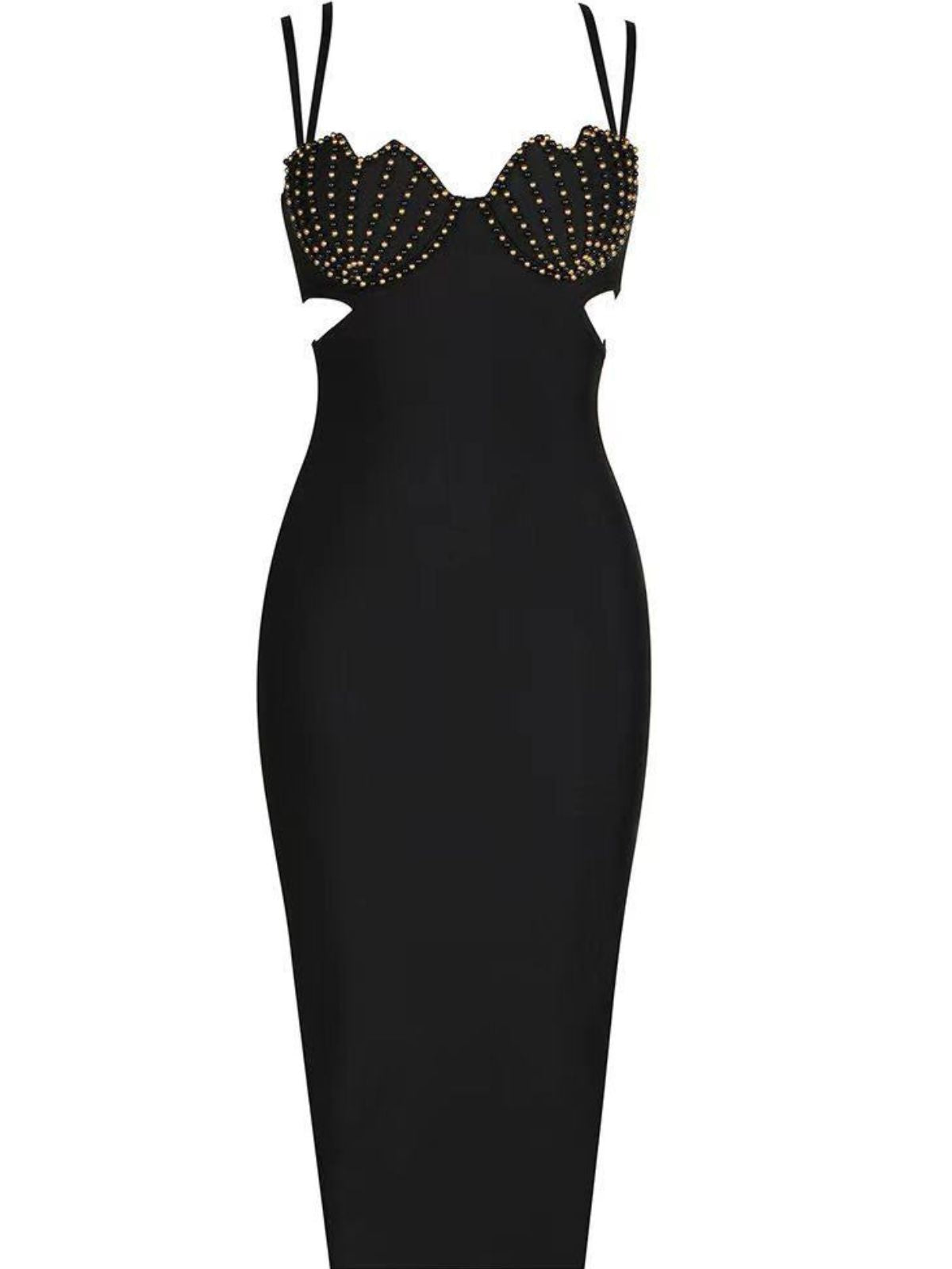 Strap Pearl Embellished Sweetheart Cutout Bandage Midi Dress