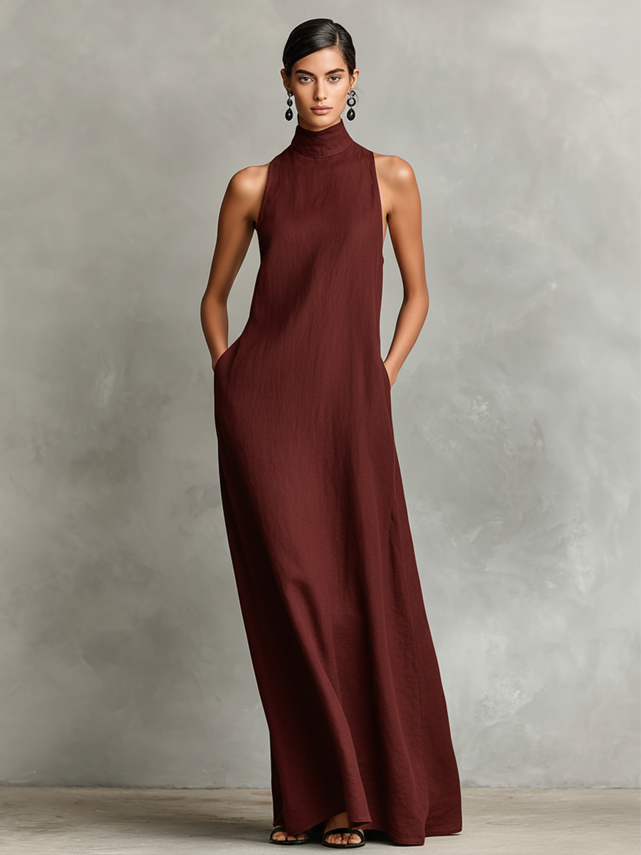 High Neck Sleeveless Pocket Loose Column Maxi Dress 6
