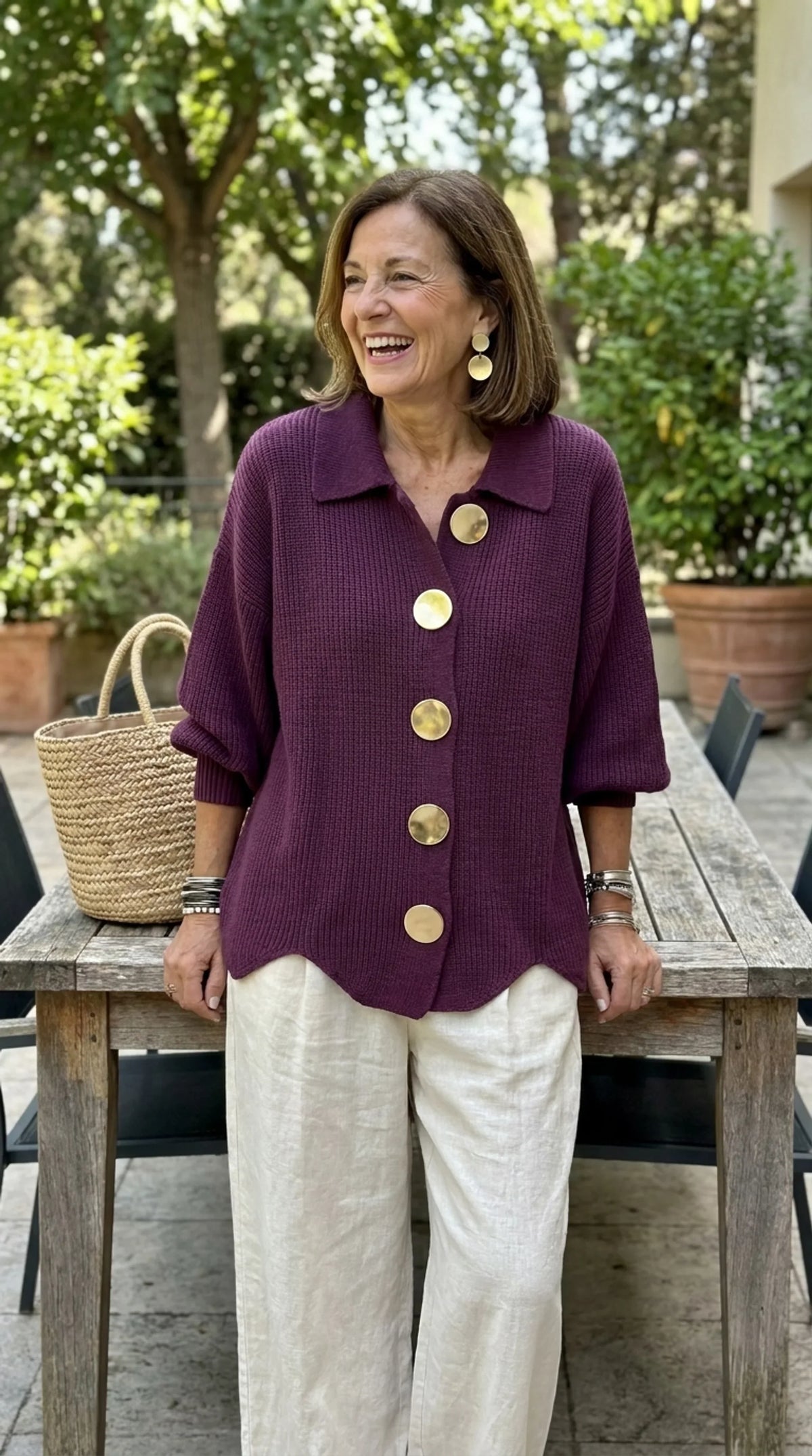 Collared Oversized Metal Button Balloon Sleeve Cardigan 5