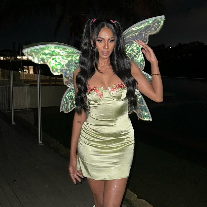 Green Spaghetti Strap Floral Embroidered Bust Satin Bodycon Mini Dress