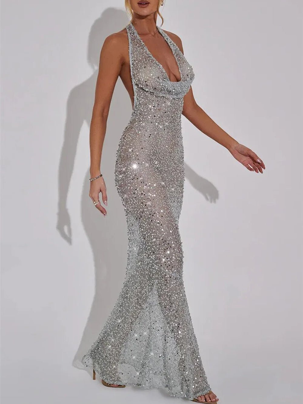 Sequin Halter Deep V-Neck Mermaid Bodycon Maxi Gown 4
