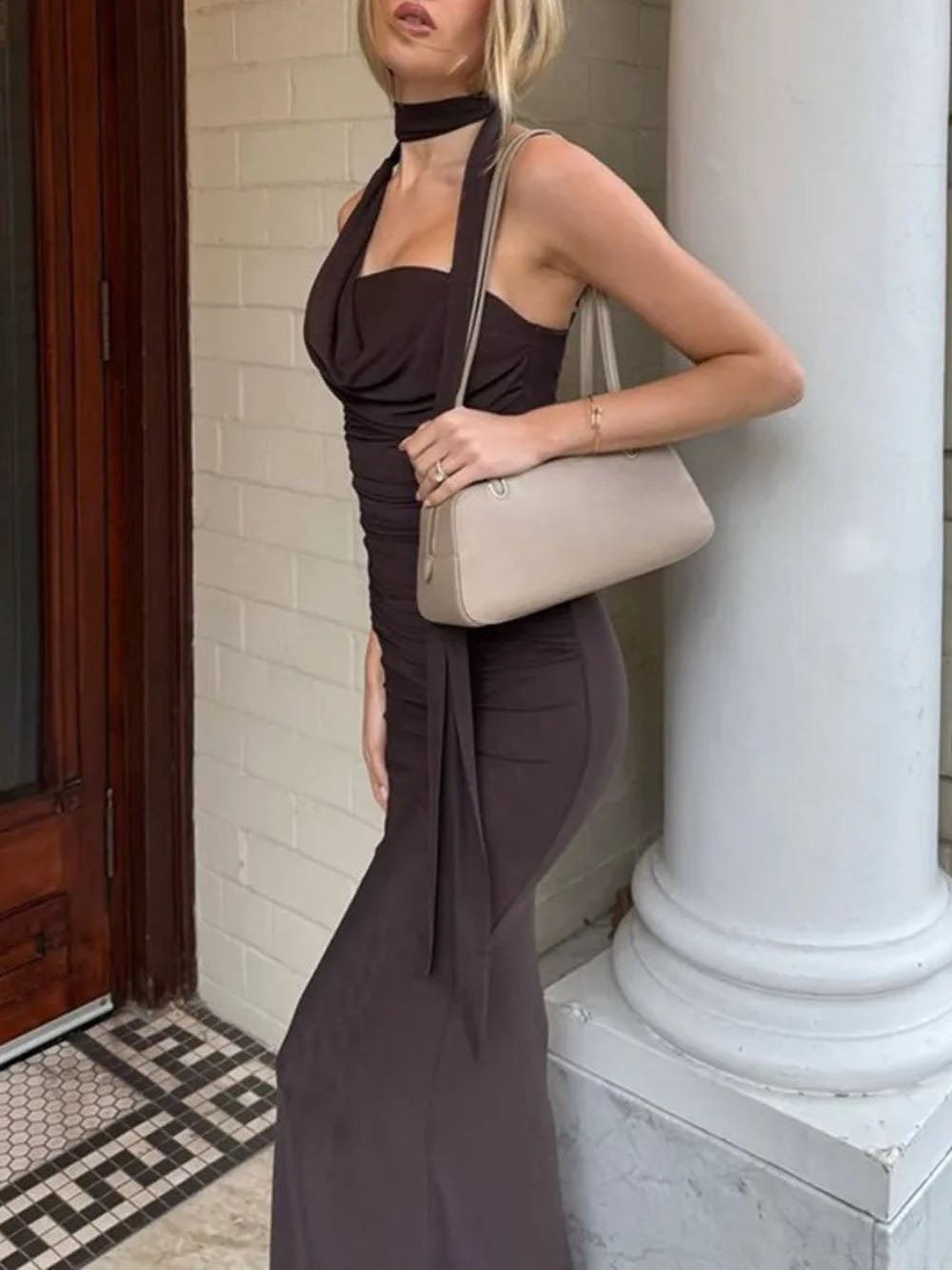 Coffee Cowl Neck Ruched Asymmetric Halter Neck Scarf Bodycon Maxi Dress 2