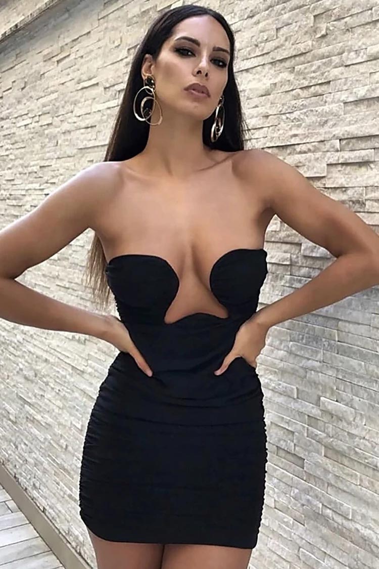 Black Strapless Deep V Underwire Ruched Mesh Bodycon Mini Dress