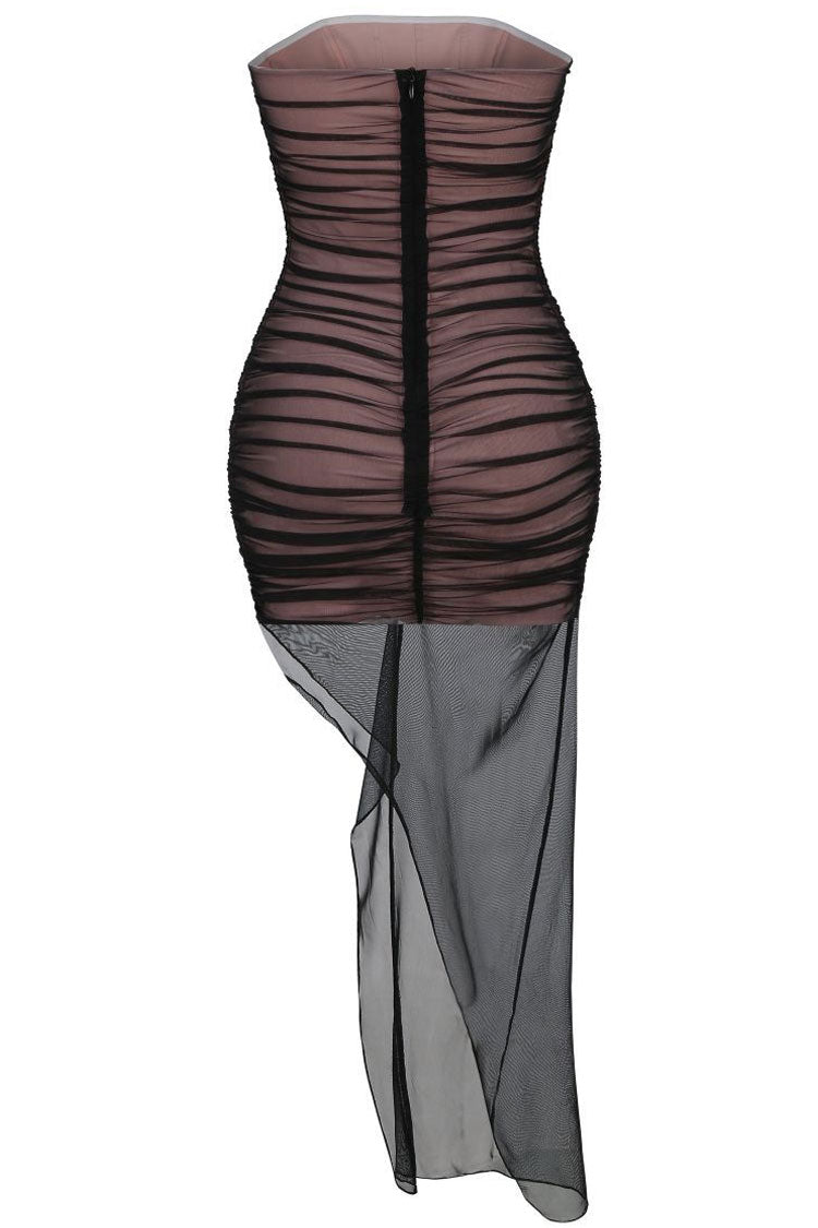 Black Strapless Corset Ruched Sheer Mesh High Slit Bodycon Maxi Dress